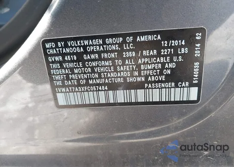 2015 Volkswagen Passat 1.8T Wolfsburg Edition from USA, damaged, VIN 1VWAT7A3XFC057484
